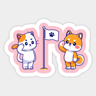 Cute Cat and Cute Shiba Inu Respect Paw Flag Cartoon Sticker